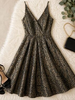 Dress the Population Metallic Jacquard Fit & Flare Dress Black Gold Size M